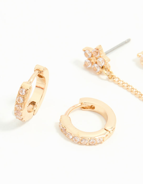 Gold Cubic Zirconia Chain & Flower Huggie Earrings 2-Pack