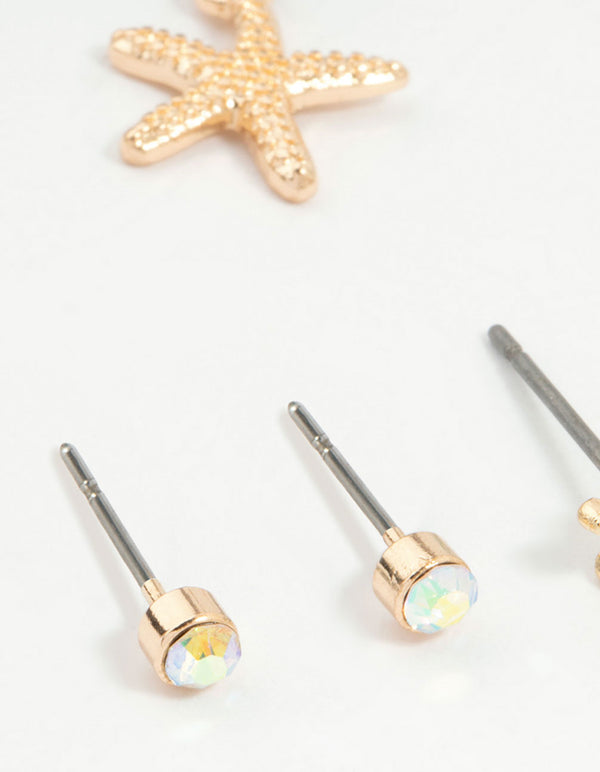 Gold Starfish & Shell Mixed Earrings 6-Pack