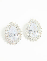 Silver Cubic Zirconia Pear Statement Stud Earrings - link has visual effect only