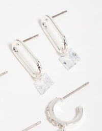 Silver Cubic Zirconia Mixed Shape Drop Earrings 3-Pack - link has visual effect only