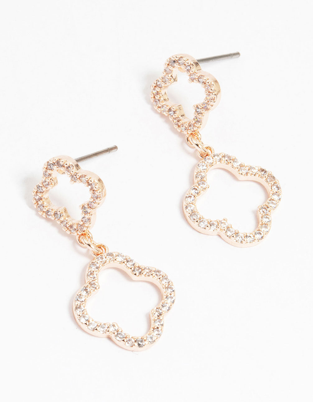 Rose Gold Plated Cubic Zirconia Double Flower Drop Earrings