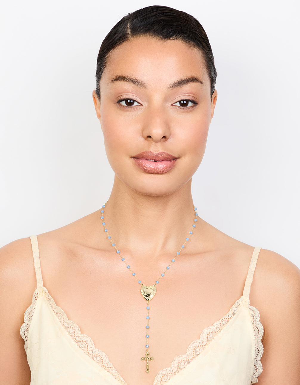 Gold Plated Blue Beaded Heart Locket & Cross Y-Necklace