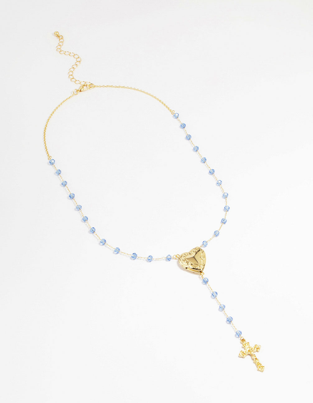 Gold Plated Blue Beaded Heart Locket & Cross Y-Necklace