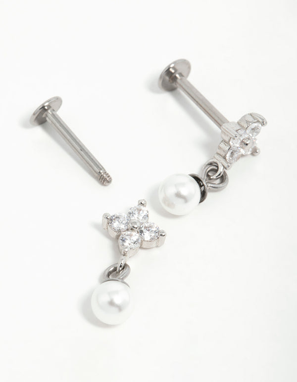 Surgical Steel Pearl Cubic Zirconia Flower Flat Back Earrings