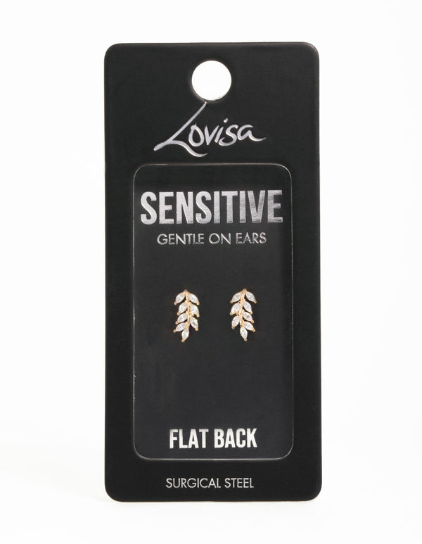 Gold Plated Surgical Steel Cubic Zirconia Leaf Flat Back Earrings