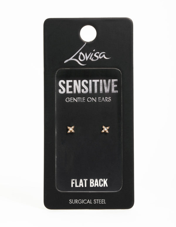 Gold Plated Surgical Steel Diamante Clover Flat Back Earrings