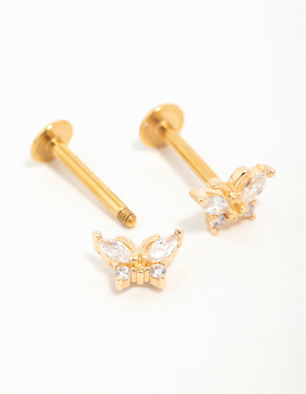 Gold Plated Surgical Steel Cubic Zirconia Butterfly Flat Back Earrings