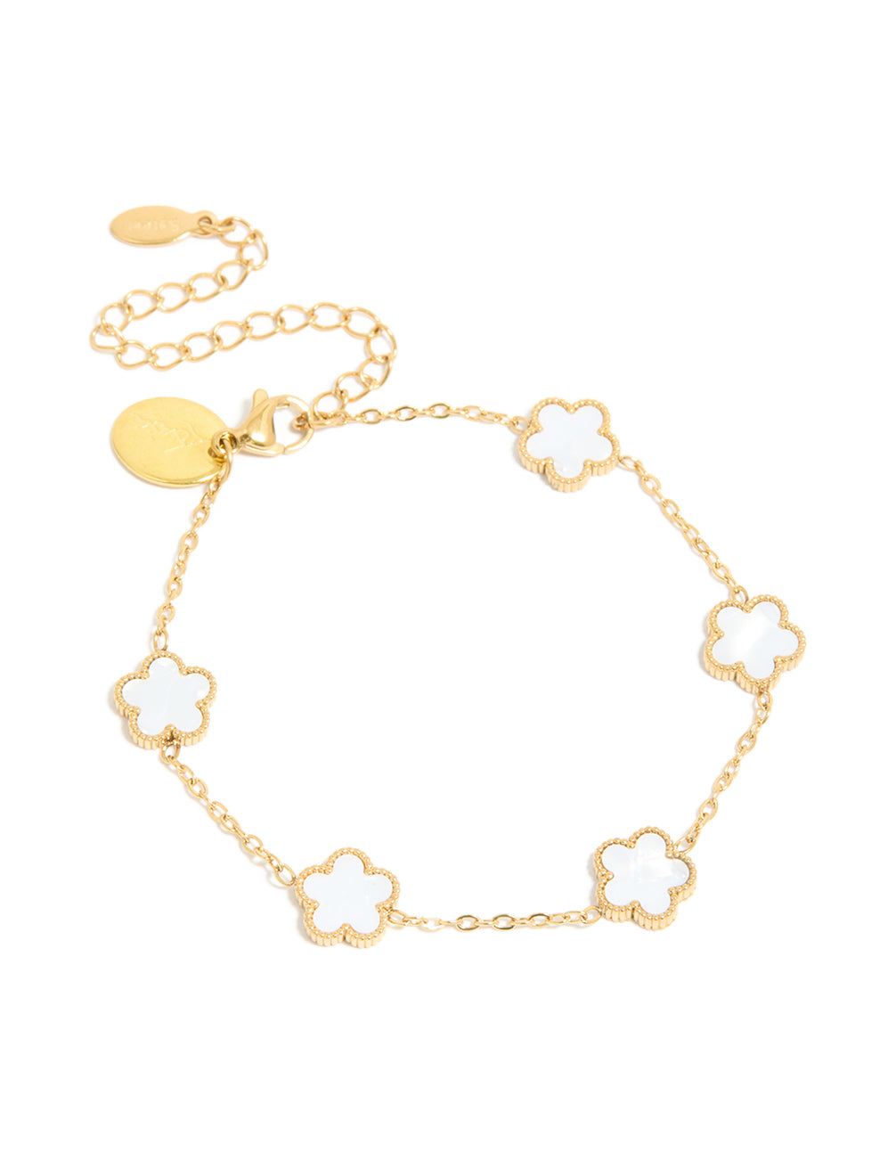 Beautifully crafted waterproof floral charm bracelet in gold plated stainless steel with white detailing front view