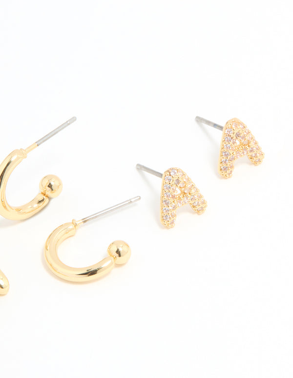 Gold Plated Cubic Zirconia Letter A Stud & Hoop Earrings 4-Pack