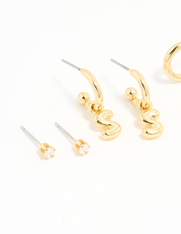 Gold Plated Cubic Zirconia Letter S Stud & Hoop Earrings 4-Pack
