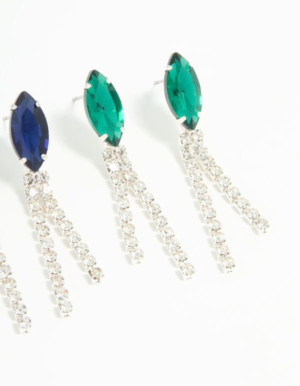 Silver Diamante Marquise Double Cupchain Drop Earrings 3-Pack