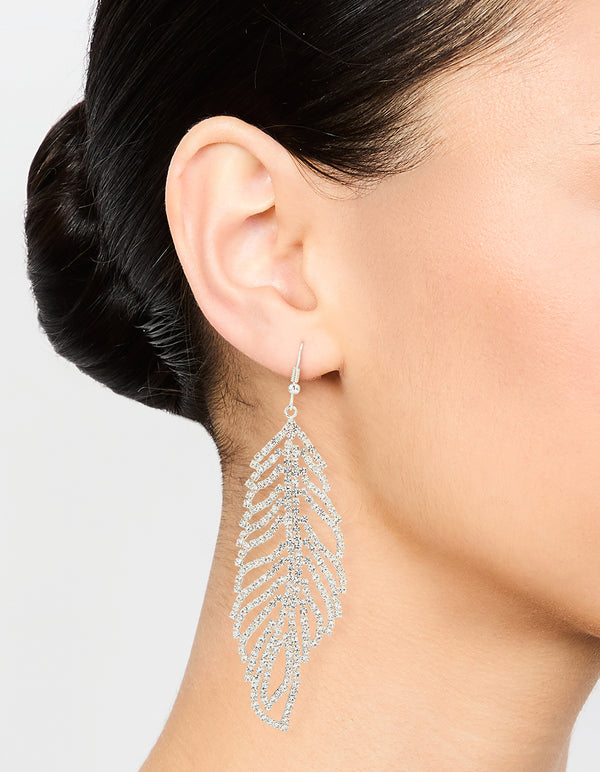 Silver Diamante Leaf Outline Hook Large Drop Earrings