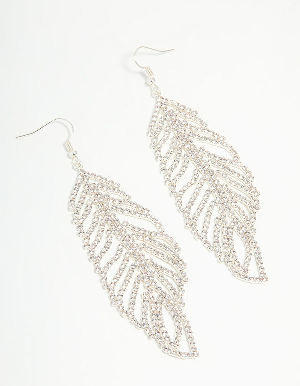 Silver Diamante Leaf Outline Hook Large Drop Earrings