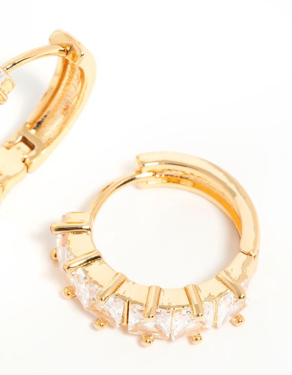 Gold Plated Brass Cubic Zirconia Baguette Medium Huggie Earrings