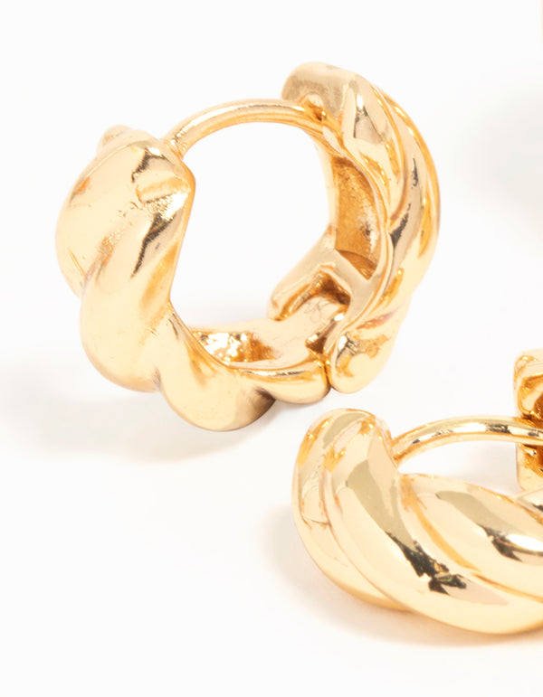 Gold Plated Brass Twist & Ribbed Huggie Earrings 2-Pack