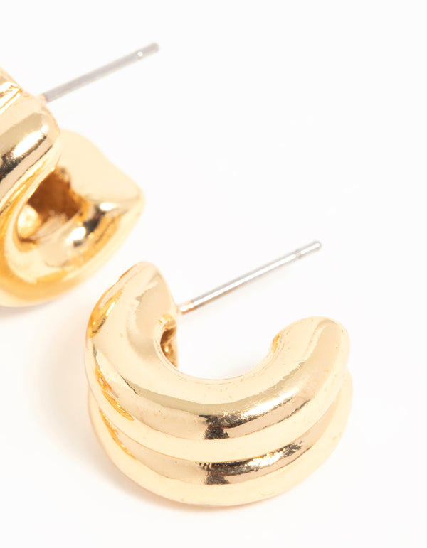 Gold Plated Brass Twist & Ribbed Huggie Earrings 2-Pack