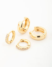 Gold Plated Brass Mini Cubic Zirconia & Plain Huggie Earrings 2-Pack - link has visual effect only