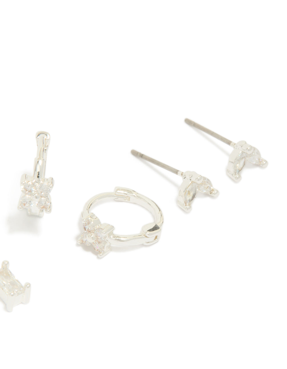 Silver Plated Brass Diamante Baguette Flower Hoop & Stud Earrings 4-Pack