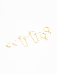 Gold Plated Brass Cubic Zirconia Chain & Stud Earrings 3-Pack - link has visual effect only