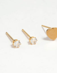Waterproof Gold Plated Stainless Steel Diamante Clover & Heart Earring Stack Pack - link has visual effect only