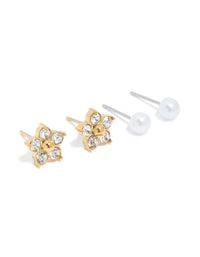 Waterproof Gold Plated Stainless Steel Pearl & Stud Earrings 3-Pack - link has visual effect only