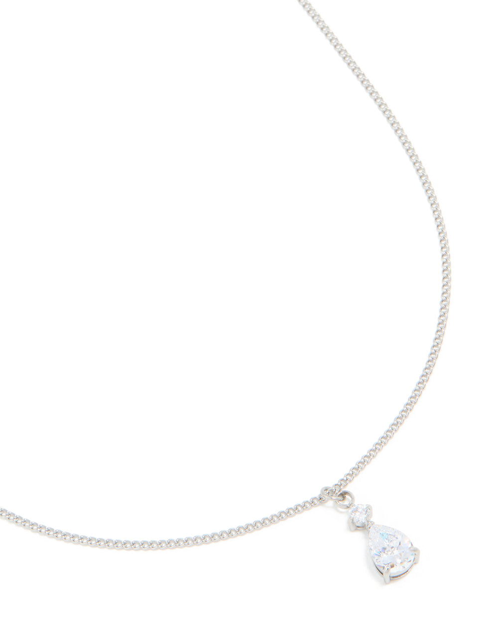 Discover this waterproof stainless steel cubic zirconia pear pendant necklace featuring in silver and clear close up view
