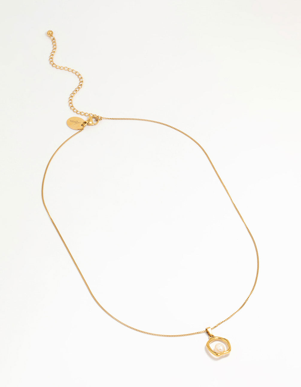 Elegant waterproof gold plated stainless steel freshwater pearl molten hoop pendant necklace front view