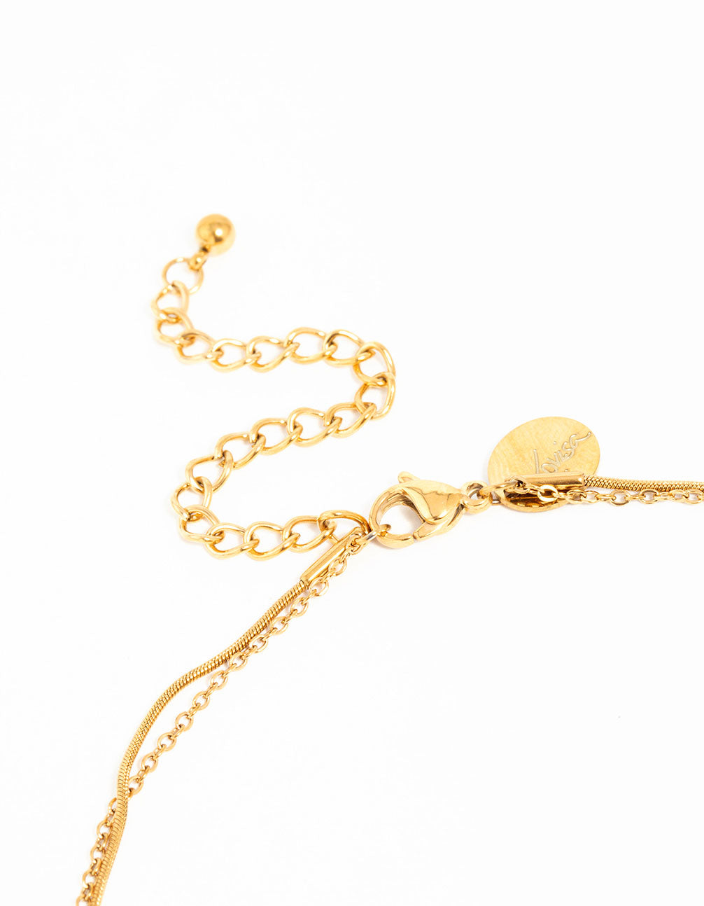 Detailed look at waterproof gold plated stainless steel heart pendant layered necklace featuring charm and clasp detail view