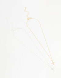 Mixed Metal Cross Cubic Zirconia Pendant Necklaces 2-Pack - link has visual effect only