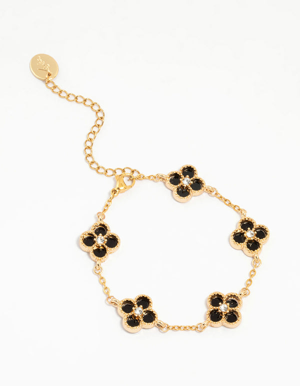 Waterproof Gold Plated Stainless Steel Black Flower Bracelet