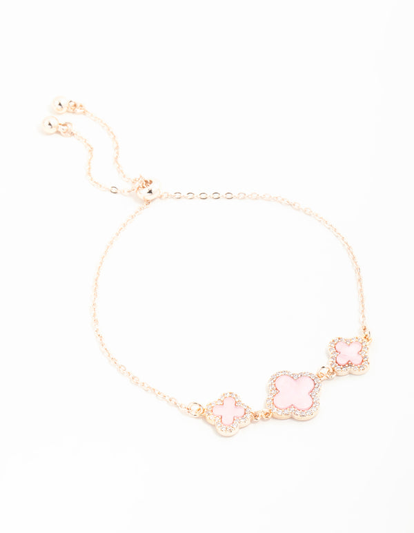 Rose Gold Cubic Zirconia Pink Flower Trio Bracelet