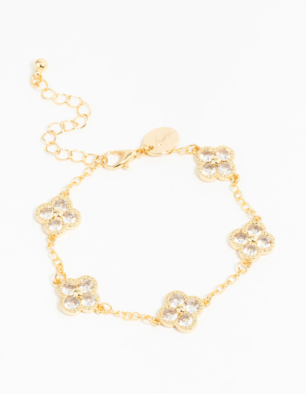 Showcasing a gold plated cubic zirconia statement flower bracelet with charm detailing front view