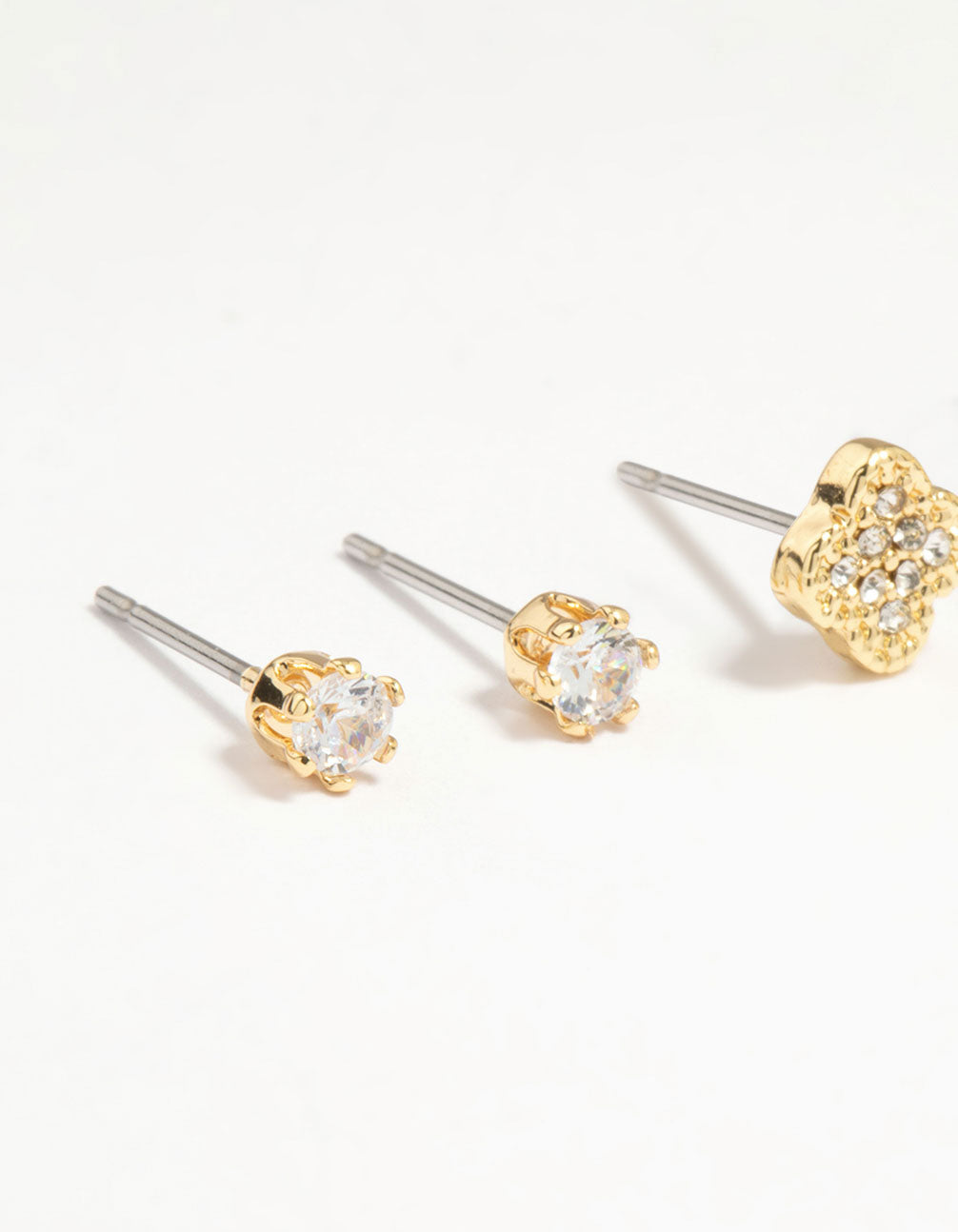 Gold Plated Brass Cubic Zirconia Flower Stud & Huggie Earrings 4-Pack