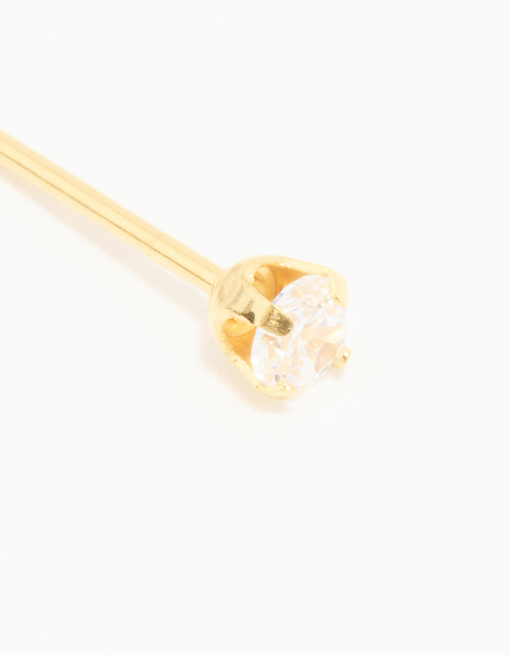 Featuring a 24K gold plated surgical stainless steel 3MM piercing stud with cubic zirconia in clear detail view