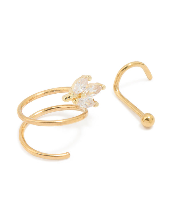 Gold Plated Surgical Steel Cubic Zirconia Hook & Nose Ring 3-Pack