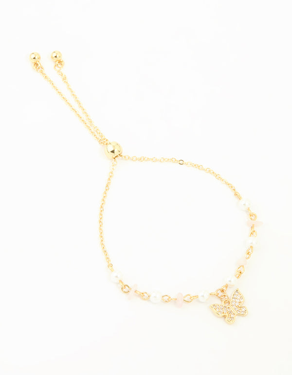 Gold Plated Cubic Zirconia Pearl Semi Precious Butterfly Toggle Bracelet