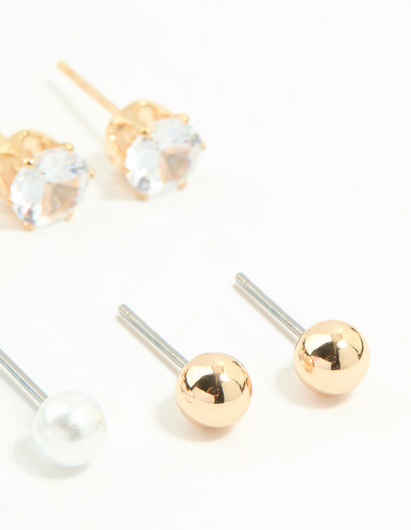 Gold Mixed Basic Stud Earrings 8-Pack