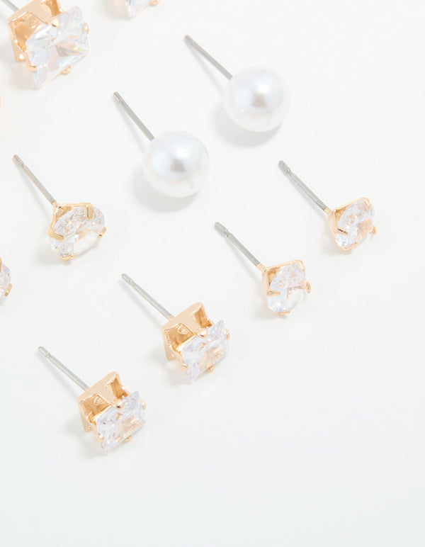 Gold Cubic Zirconia & Pearl Mixed Stud Earrings 6-Pack