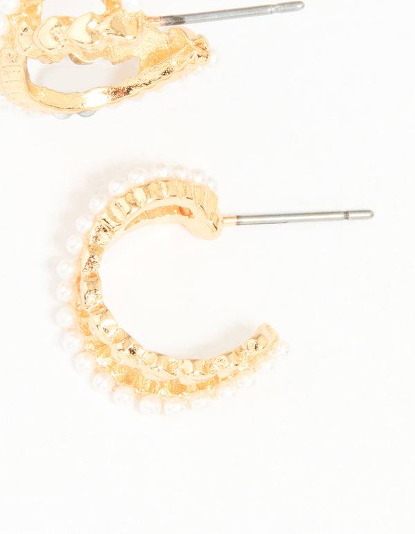 Gold Pearl Twisted Mini Huggie Earrings