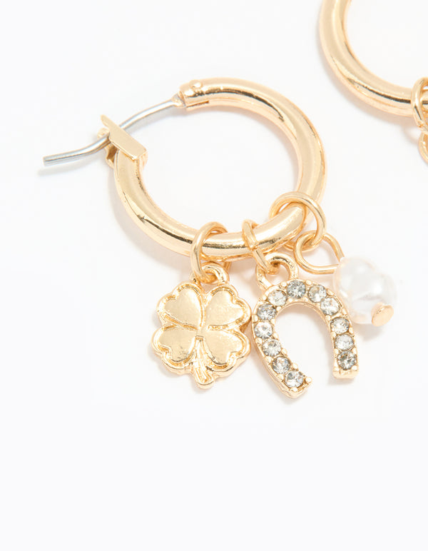 Gold Diamante Horseshoe & Clover Huggie Earrings