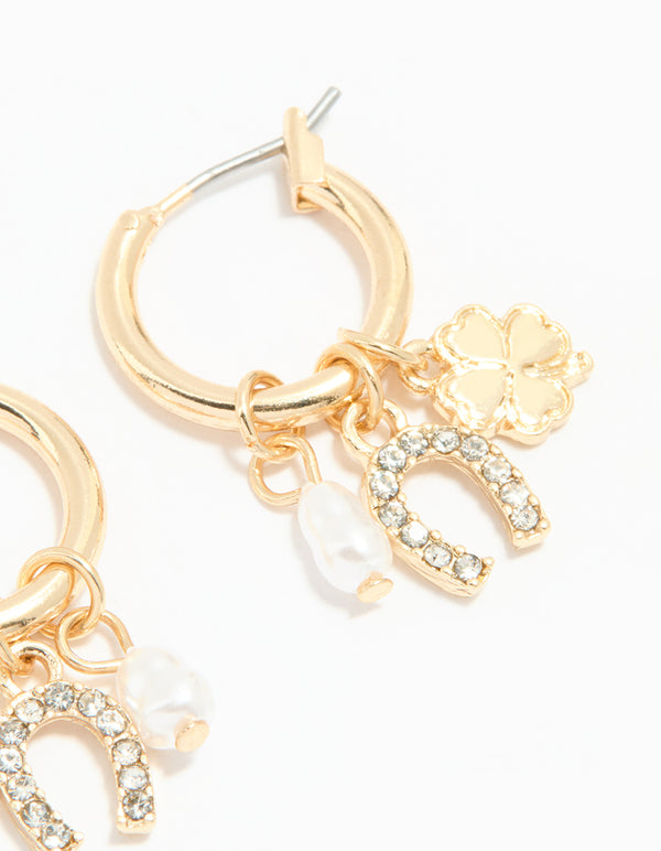 Gold Diamante Horseshoe & Clover Huggie Earrings