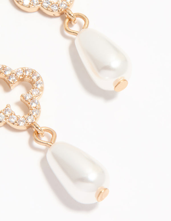 Gold Diamante Pearl Floral Huggie Earrings