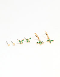 Gold Green Diamante Butterfly & Cross Mixed Stud Earrings 3-Pack - link has visual effect only