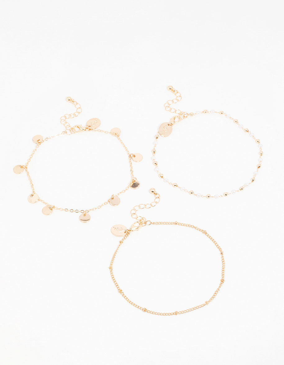 Gold Pearl Disc & Twisted Anklets 3-Pack