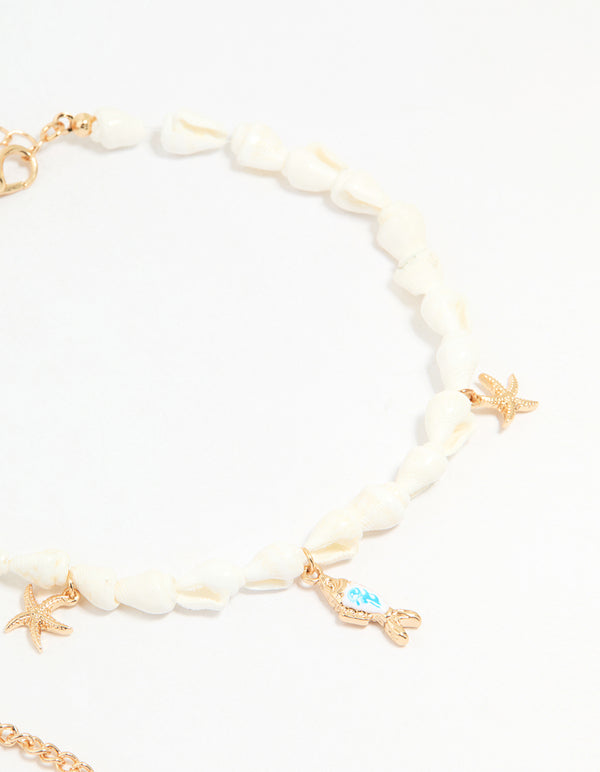 Gold Shell & Fish Charm Anklets 3-Pack