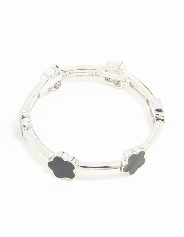 Silver Black Floral Stretch Bracelet