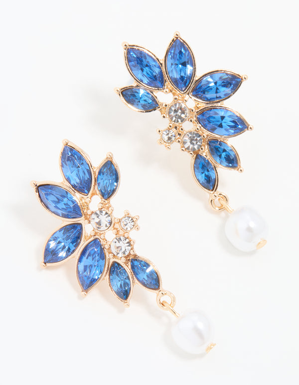 Gold Blue Diamante Pearl Marquise Stud Earrings