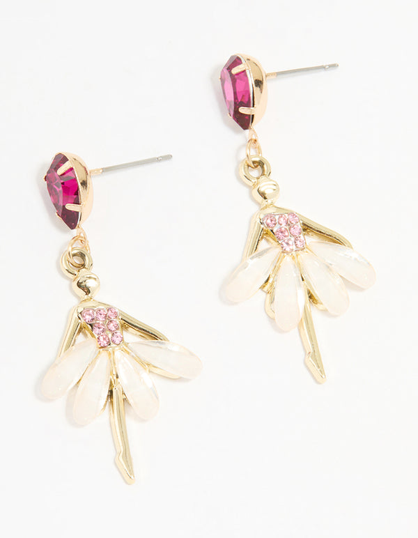 Gold Pink Diamante Ballerina Drop Earrings