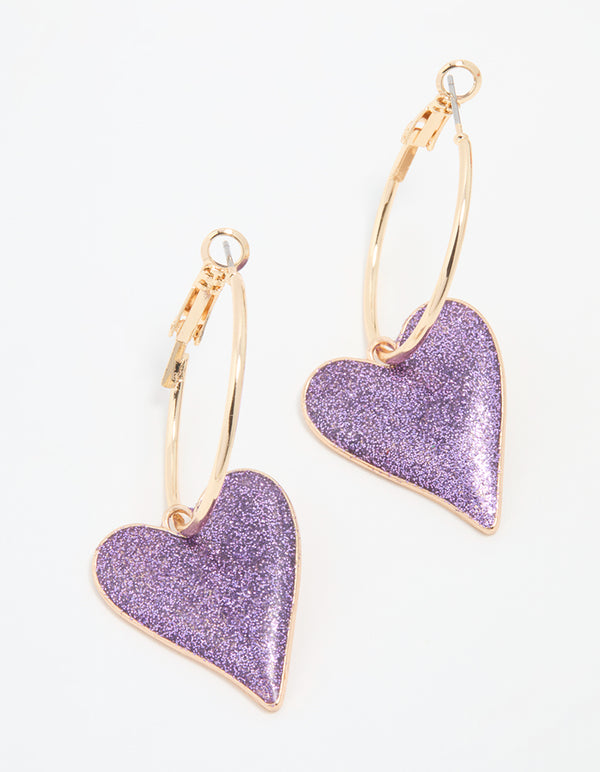 Gold Purple Sparkle Heart Drop Hoop Earrings