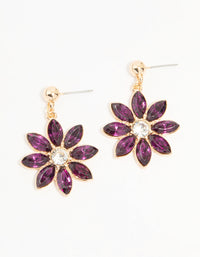 Gold Purple Diamante Flower Drop Earrings - link has visual effect only